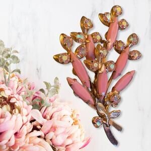 Bouquet of Pink Navette with Aurora Borealis Chaton Rhinestones Brooch